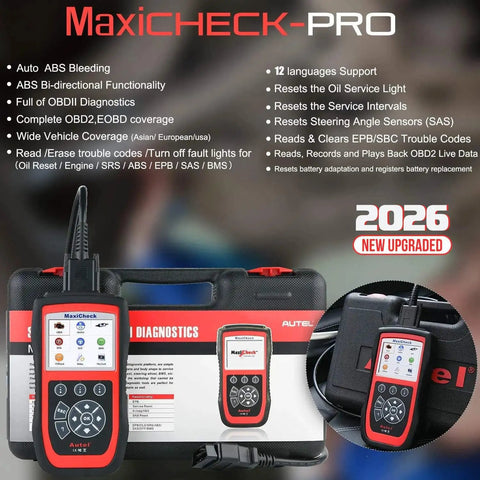 All In One Auto Bleed Scan Tool For ABS Bleeding And OBD2 SRS Diagnostics With Oil Reset BMS EPB Airbag SAS Services And Brake Bleeding For Specific Vehicles Up To 2015 GM Up To 2018 With Lifetime Updates - MaxiCheck-Pro device display and case