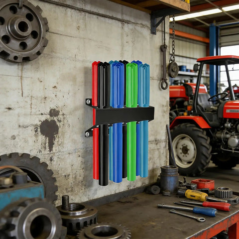 Tig Rod Organizer Wall Mount Welding Rack in a home shop with colorful rods and industrial tools, 26x18x18cm, efficient slot system