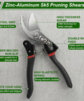 8.5 Inch Pro Grade Garden Shears With SK5 Steel Blades featuring ergonomic handle and rubber grip, on gray background.