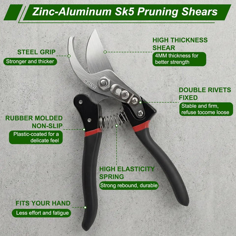 8.5 Inch Pro Grade Garden Shears With SK5 Steel Blades featuring ergonomic handle and rubber grip, on gray background.