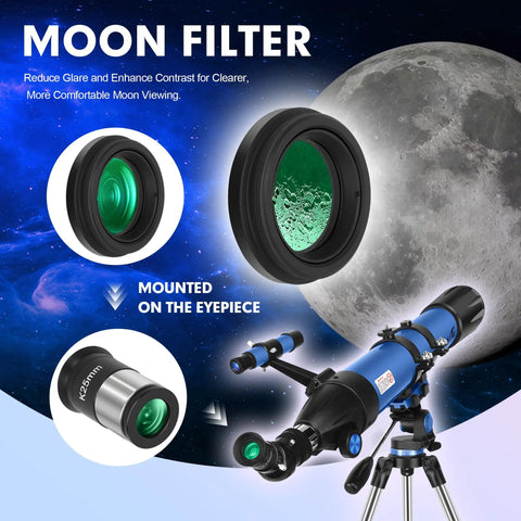 High Powered 90mm Refractor Telescope for Adults and Beginners, 800mm Focal Length showing moon filter attachment