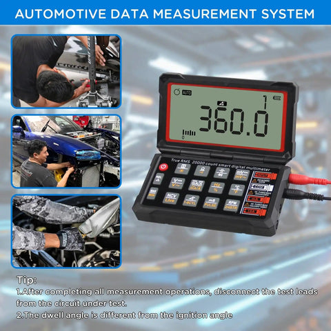 All In One Digital Multimeter With NCV Auto Range And Live Line Detection for automotive diagnostics shown with engine images