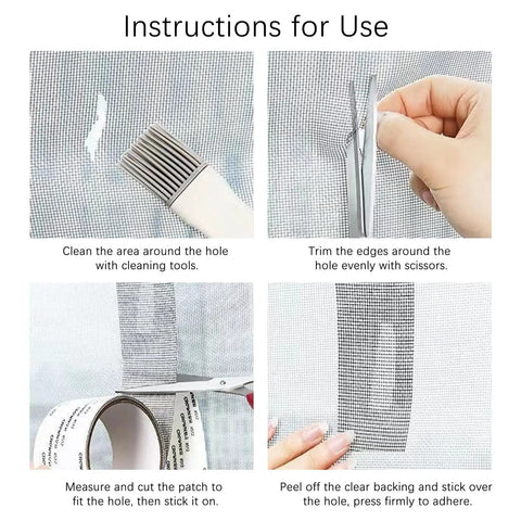 Instructions for applying Self Adhering Window Screen Repair Tape For Torn Screens, showing cleaning, cutting, and sticking steps.