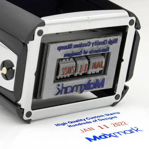 Heavy Duty Self Inking Date Stamp Offering Custom Two Line Settings With Dual Blue And Red Pads For Crisp Prints and Zero Mess Setup.
