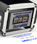Heavy Hitter Self Inking Date Stamp With Four Line Custom Text Durable Office Essential featuring visible date wheel and clear branding.