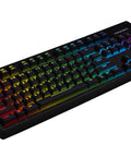 Premium Red Mechanical Gaming Keyboard Displaying Bold Per Key Full RGB Color Backlight And Responsive Keys, angled view.