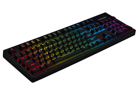 Premium Red Mechanical Gaming Keyboard Displaying Bold Per Key Full RGB Color Backlight And Responsive Keys, angled view.