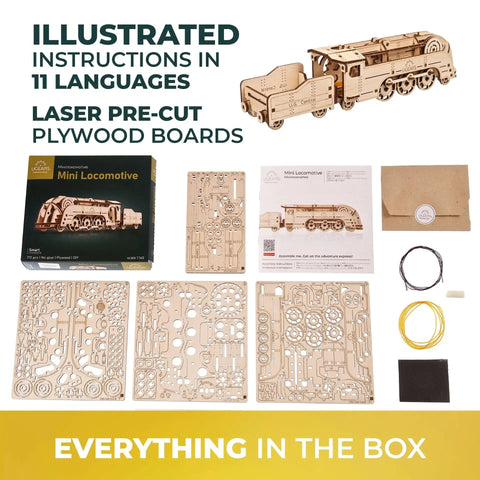 Mini Locomotive 3D Puzzle For Adults Hands On Wooden Train Model Kit Rubber Band Powered Mechanical Puzzle With 172 Pieces Easy DIY Craft Project For Home Workshop And Train Enthusiasts Pure Fun, laser-cut plywood parts