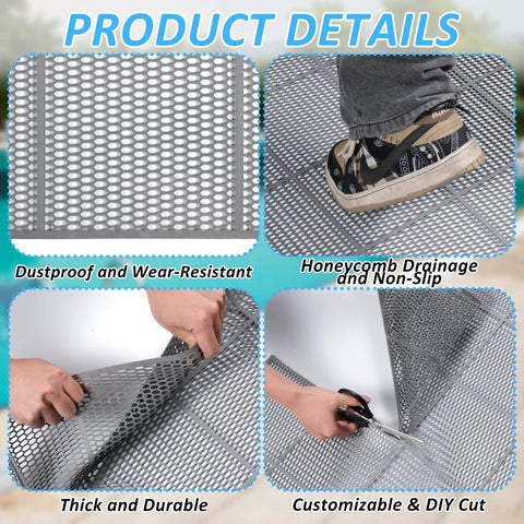 3 By 10 Ft Drainage Pool Floor Mats Non Slip PVC Splash Matting With Mesh Hollow Design showing honeycomb, non-slip texture and DIY cut feature.