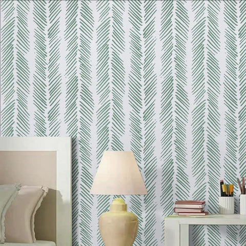 Room interior with green stripe peel and stick wallpaper self adhesive removable contact paper for shelves drawers and cabinets DIY friendly install