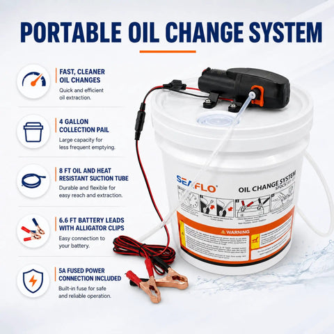 12V Portable Oil Change System For Boats And RVs with 4 gallon tank, pump, 8 ft suction hose, and 6.6 ft battery leads displayed.
