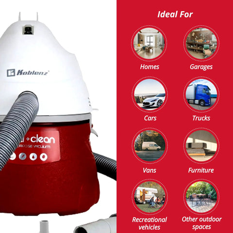 Portable Wet Dry Vacuum With 2.0 HP Power, 3 Gallon Tank, Designer Series With Onboard Accessory Storage, Lightweight Shop Vac For Messes, Cars, Garage, Red And White, Includes Multiple Attachments, 5 Year Warranty next to ideal use icons for homes, garages, cars, trucks, vans, furniture, recreational vehicles, and outdoor spaces, in red and white design.