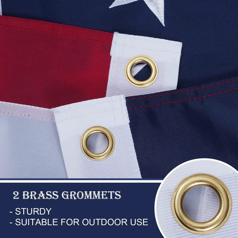 Close-up of brass grommets on All American Betsy Ross Flag 3x5 Ft Outdoor Embroidered 13 Star Flag, heavy-duty material for outdoor use.