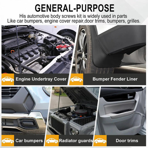 Collage of engine bay, fender liner, car bumper, radiator guard, and door trim for 280 Piece Automotive Body Screw Kit With Self Tapping Phillips And Washer Head Screws Includes Sizes 8 10 12 14 For Fender Liner And Engine Splash Shield DIY Friendly Install Durable Universal Fasteners use.