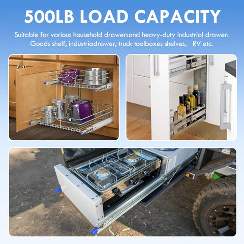Beefy Heavy Duty Locking Drawer Slides With 390 Lb Load Capacity, shown in various kitchen and RV storage applications.