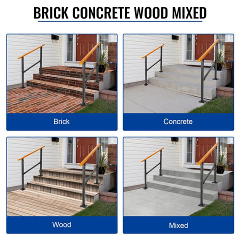 Sturdy Metal Wood Grain Handrail For 3 Step Outdoor Stairs shown on brick, concrete, wood, and mixed surfaces for safety.