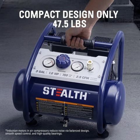 Stealth 3 Gallon Quiet Air Compressor Oil Free Portable Unit With High Pressure Output For Tire Inflation Auto Repair Woodwork Nailing And Home Tool Applications Made To Handle Tough Jobs Silently And Efficiently