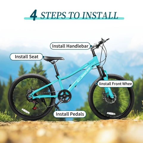 Kid Friendly Mountain Bike 20/24 Inch With 7 Speeds, Mint Green, shown in 4 steps to install, in outdoor setting