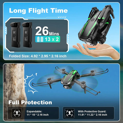 1080P HD FPV Foldable Drone For Kids And Adults Beginners With Brushless Motors, showing long flight time and folded size.