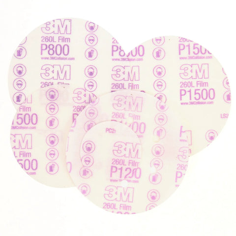 Hookit Finishing Film Abrasive Disc 260L P1500, 5-Inch Aluminum Oxide Auto Body Sanding, showcasing durable film discs.