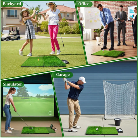 Dual Turf Golf Practice Mat For Indoor And Outdoor Use High Elasticity Artificial Turf Surface For Realistic Fairway And Rough Lies Portable Swing Training Mat For Your Garage Simulator Chipping And Driving Practice used in various settings including backyard, office, garage, and simulator.