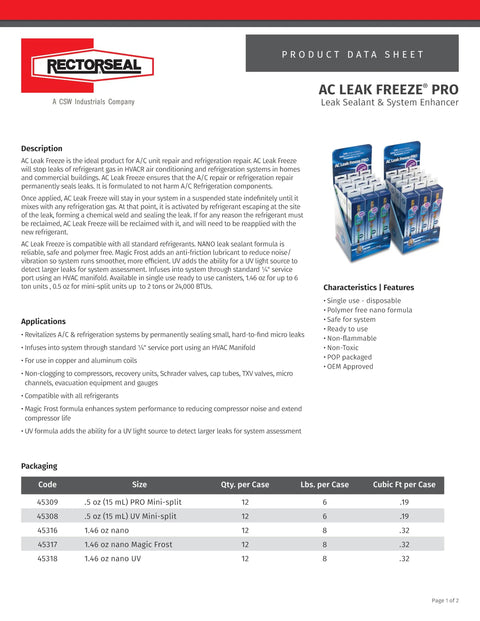Product data sheet for AC Leak Freeze Pro Nano With Magic Frost Leak Sealant For HVAC Systems, showing packaging details.