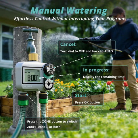 Brass Sprinkler Timer With Waterproof LCD Screen, Programmable Hose Watering System for Garden, Lawn and Yard, in use