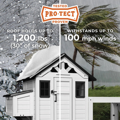 Sweetwater Cedar Chicken Coop For 4 To 6 Chickens with roof holding snow and withstanding high winds.