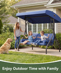 Family on Outdoor Porch Swing With Stand And Canopy For Three Seats Adults Convertible 2 In 1 Swing Bed With Cup Holder