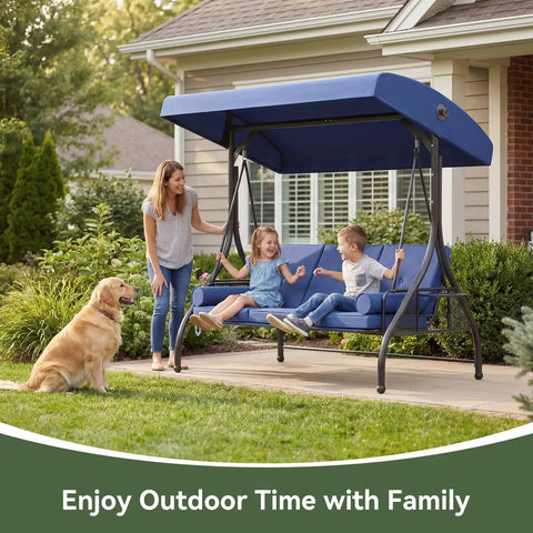 Family on Outdoor Porch Swing With Stand And Canopy For Three Seats Adults Convertible 2 In 1 Swing Bed With Cup Holder