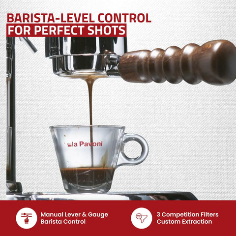 Esperto Abile 16 Cup Lever Espresso Machine With Chrome Finish And Rosewood Handles showing espresso extraction
