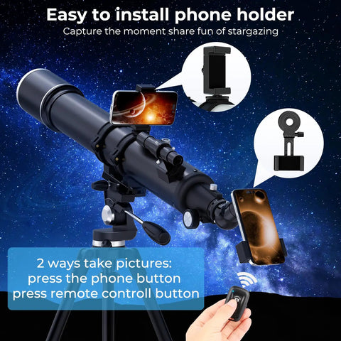 High Powered 90mm Refractor Telescope For Adults With 900mm Focal Length, 36X To 270X Zoom shown with phone adapter setup