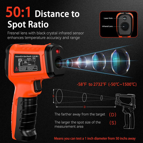 Infrared Thermometer Gun With Digital Readout And K Type Probe 50 To 1 Pyrometer For Kiln Forge Furnace Heavy Duty Industrial Use