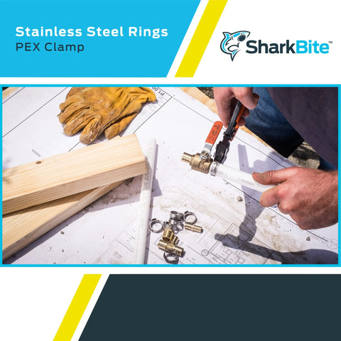 SharkBite 1/2 in stainless steel clamp rings, pack of 100 for PEX/PE-RT pipe fittings.