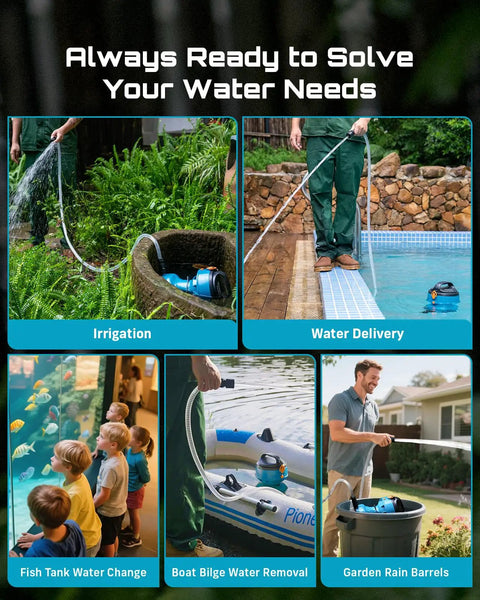 Floating Battery Powered Water Transfer Pump 720 GPH Cordless With Two 4000mAh Batteries And Charger in garden and pool settings