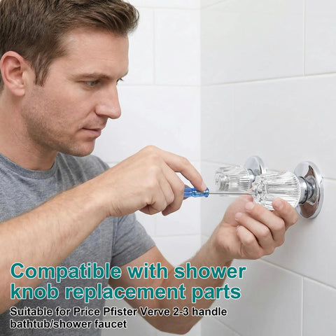 Person installing Two Pack Crystal Clear Acrylic Shower Knob Replacement Kit With Hot And Cold Buttons Universal Faucet Handle Repair Set