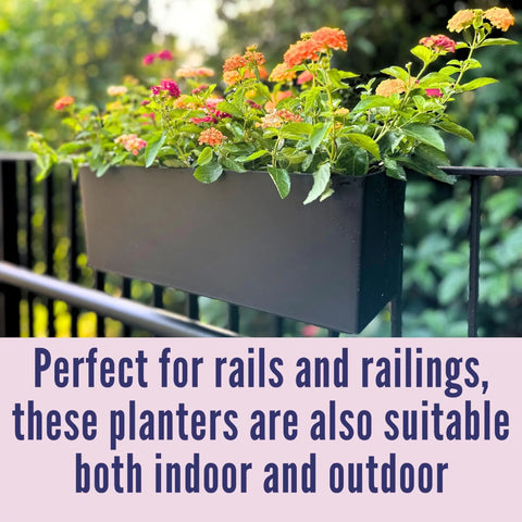 Super Sleek Two Pack Rail Planters For Balcony And Deck Twenty Inch Self Watering Garden Boxes In Matte Black with flowers.