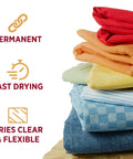 Stack of colorful fabrics showing features for Fabric Fusion Glue 4 Ounce Permanent And Washable No Sew Fabric Glue For Clothing Denim Cotton Polyester And Flannel Dries Flexible For Quick Repairs Crafts And Alterations.