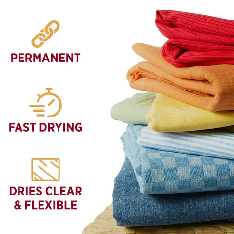 Stack of colorful fabrics showing features for Fabric Fusion Glue 4 Ounce Permanent And Washable No Sew Fabric Glue For Clothing Denim Cotton Polyester And Flannel Dries Flexible For Quick Repairs Crafts And Alterations.