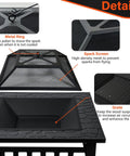 Details of 32 Inch Square Fire Pit Table With Spark Screen, showing spark screen, metal ring, and grate close-ups