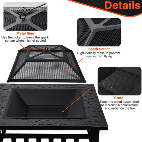 Details of 32 Inch Square Fire Pit Table With Spark Screen, showing spark screen, metal ring, and grate close-ups