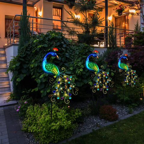 Metal Peacock Garden Solar Lights Outdoor Stake Waterproof Led Path Light For Patio Yard And Lawn Decor Charming Peacock Figurine