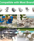 Image of various patio chairs compatible with most brands, showcasing heavy duty patio chair spring plate replacement kit for universal swivel rockers.