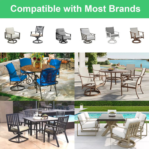 Image of various patio chairs compatible with most brands, showcasing heavy duty patio chair spring plate replacement kit for universal swivel rockers.