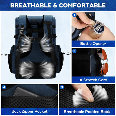 Soft Lightweight Leakproof Backpack Cooler For 35 Cans with pockets, bottle opener, breathable padded back, blue color