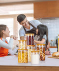 Family in kitchen with Airtight Glass Storage Jars Set Of 7 With Bamboo Lids For Pasta Cookies Nuts Coffee Beans Cereal Flour Pantry.