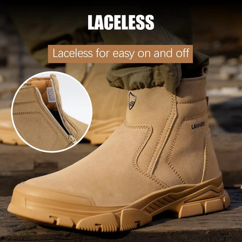 Side view of Heavy-Duty Steel Toe Welding Boots For Men With Zipper Laceless Welder Footwear Built For High Heat And Spark-Resistant Tough-As-Nails Work On Construction Sites Brown, showing laceless design and zipper.