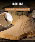 Indestructible Steel Toe Work Boots For Men Welding Construction With Zipper Laceless Design Spark Resistant Suede Leather And Heat Resistant Outsole ASTM Safety Toe Durable Brown Footwear For Heavy Duty Jobs, side view with close-up of zipper