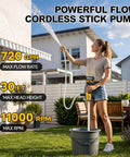 Heavy Duty Cordless Stick Transfer Pump Battery Powered For Tight Spots With 3 Section Detachable Tube in use outdoors