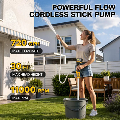 Heavy Duty Cordless Stick Transfer Pump Battery Powered For Tight Spots With 3 Section Detachable Tube in use outdoors